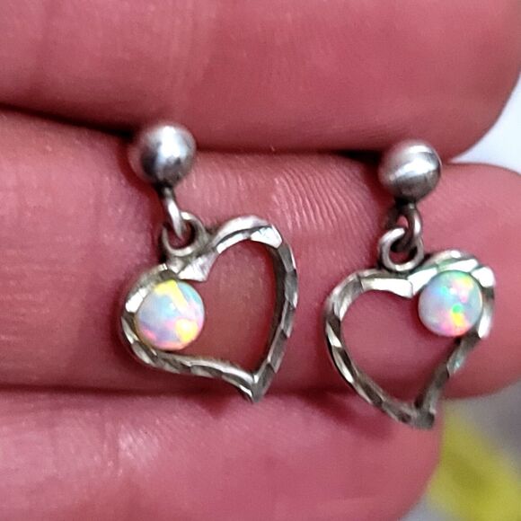Vintage Signed Opal Drop Heart Earrings - Picture 7 of 9